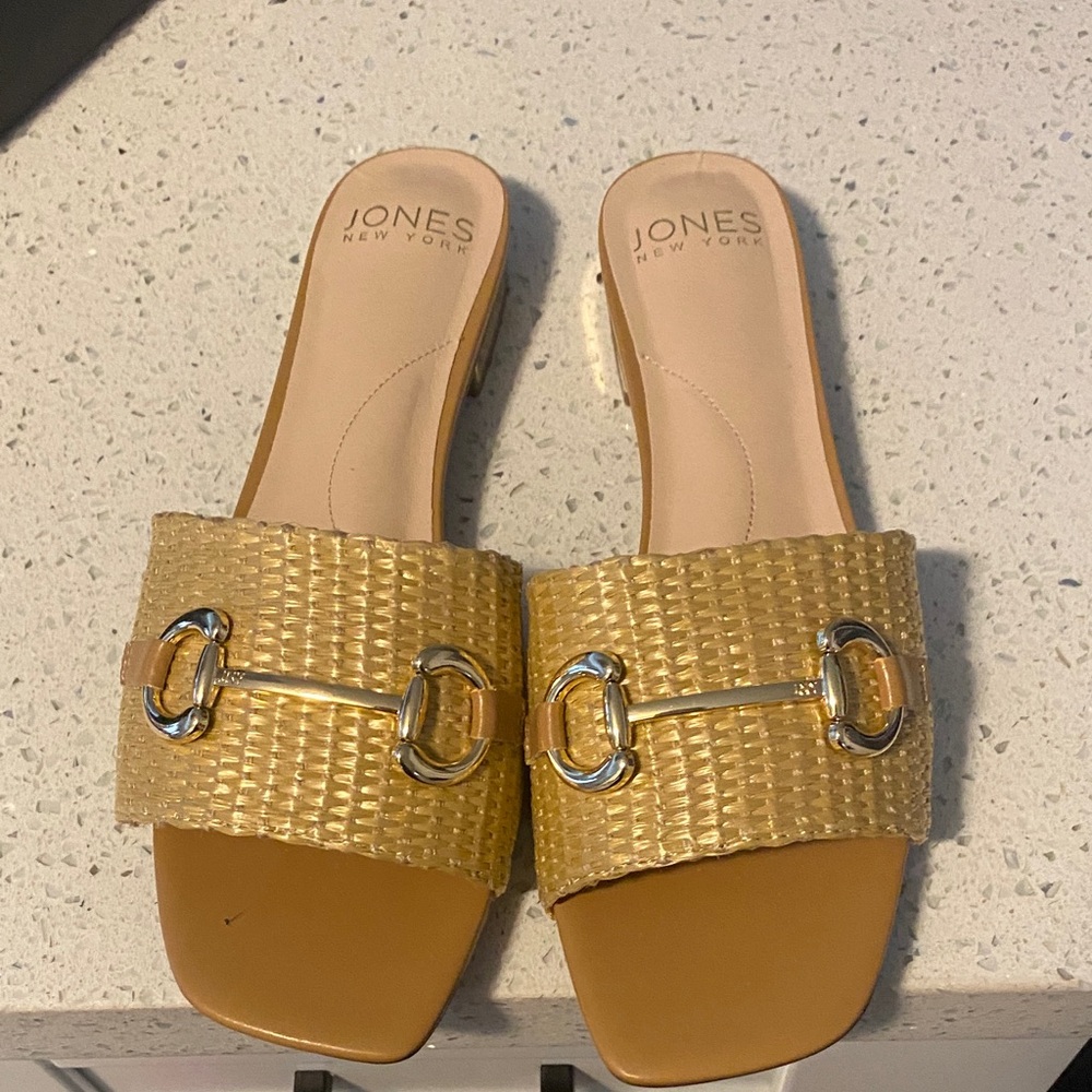 Jones New York Metallic Gold Woven Slide Mules with Silver Bit